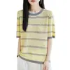 Camiseta de punto hueco de manga corta a rayas de color contrastante para mujer 2026 Verano Nuevo Estilo Coreano Cuello Redondo Moda Juvenil Top