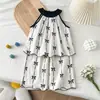 Conjunto de Dos Piezas para Niña de Algodón Puro Estampado de Diseñador Verano 2025 Nuevo Estilo Conjunto de Top Halter y Pantalones de Pierna Ancha para Niños