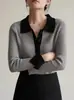SS STUDIO Suéter de Lana de Cuello Alto de Color Contrastante Gris para Mujer Otoño e Invierno Manga Larga Camiseta Base Superior