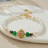 Nuevo Pulsera de Perlas de Agua Dulce Estilo Chino Mejoradora de Fortuna Cristal de Fresa Natural Incrustado Jade Pulsera para Mejor Amiga Joyería al por Mayor