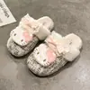 Pantuflas de algodón KT para uso en casa, interior y exterior, con diseño de lazo, cálidas, tejidas, temática de gato, invierno, antideslizantes, peludas y lindas para mujer