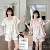 Traje de shorts de algodón para mujer, nuevo para primavera y verano 2025, amigable con la piel, cuello cuadrado, manga corta, se puede usar como pijama cómodo