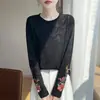 Nuevo top de punto de manga larga con cuello redondo bordado estilo chino para mujer, moderno y adelgazante, camiseta jacquard de alta gama francesa, prenda interior
