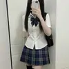 Uniforme JK Original de Verano Cintura Camisa Blanca Manga Corta Sexy Estilo Preppy para Mujer Traje de Falda Cuadros Corta Perro Otoño
