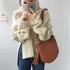 Suéter Pulóver de Punto Acanalado de Cuello Alto Holgado Versátil Estilo Coreano Nuevo para Mujer con Abertura Grande en Color Albaricoque