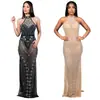 C6957 Transfronterizo Aliexpress Amazon Moda Europea y Americana para Mujer Vestido Sexy de Malla con Pedrería y Cuello Halter Ajustado al Cuerpo