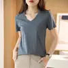 Suéter Feminino Manga Curta Gola V Clássico Simples Cor Sólida Camisa Básica Elegante 2026 Primavera e Verão Novo Estilo Camiseta de Algodão Mercerizado