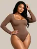 Otoño Invierno Nuevo Estilo Moldeador de Cuerpo Body de una Pieza Capa Base Body Ajustado Sexy Europeo y Americano Sensación Nude Moldeador de Manga Larga de una Pieza para Mujer