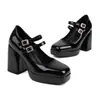 2025 Novos Sapatos Femininos Quadrados da Moda Sapatos Mary Jane com Fivela Sapatos de Salto Grosso 40-47 Sapatos de Tamanho Grande