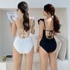 Traje de Baño Coreano Nuevo de Una Pieza Triangular Color Sólido con Volantes Cubre Vientre Adelgazante Look Traje de Baño Sexy sin Espalda Traje de Baño para Aguas Termales