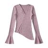 Diseño de Chica Americana Sexy Botonadura Diagonal Cuello en V Tejido de Punto para Mujer 2023 Otoño Nuevo Ajuste Slim Asimétrico Top de Manga Larga