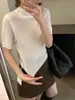 Tejido de punto de manga corta texturizado Mmc para mujer, nuevo estilo de otoño, estilo coreano, ajuste ceñido, camiseta básica de mohair con cuello medio alto