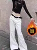 Jeans Blancos de Cintura Alta para Mujer, Pierna Larga Acampanada, Forro Polar de Invierno, Engrosados, Adelgazantes, Caída Suave, Elegantes, Modernos, de Pierna Ancha, Largo hasta el Suelo