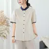Camisa Bordada Jacquard Fresca Estilo Japonés Verano 2025 Cuello Negro Pequeño Solapa Ondulada Bordada Manga Corta para Mujer