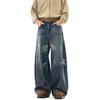 Primavera e Outono Novo Estilo Americano Retro Cat Whiskers Machete Jeans Masculino High Street Loose Design Sense Perna Reta Perna Larga Calças Compridas