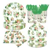 Festa Tropical de Plantas com Aquarela Fresca de Fronteira Conjunto Descartável de Louça Suprimentos de Festa Pratos de Papel Descartáveis