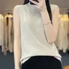 Pulôver feminino de lã penteada cor sólida com gola alta meia-manga, blusa de base solta casual, regata fina de tricô para primavera e verão