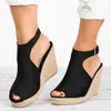 2022 Sandalias de Cuña con Suela Gruesa de Pescado para Mujer de Talla Grande Transfronterizas Sandalias Casuales de Moda con Hebilla de Gamuza para Mujer