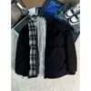 Jaqueta puffer acolchoada preta com retalhos xadrez cleanfit transfronteiriça, casaco de inverno com gola alta, peça externa de algodão de alta qualidade