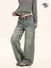 Jeans Lavados Azules Estilo Retro Americano Yongfang para Hombres y Mujeres, Versátiles de Corte Holgado, Textura Irregular Desgastada, Pantalones de Pierna Ancha Rectos con Caída