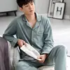 Pijama de Primavera y Otoño para Hombre Cardigan de Solapa Joven y de Mediana Edad 100% Algodón Puro 5XL Mangas Largas Ropa de Casa Traje de Primavera y Verano