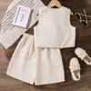 Traje para Niña Ropa Infantil Europea y Americana 2025 Verano Nuevo Amazon Aliexpress Francés Color Sólido Casual Chaleco Pantalones Cortos