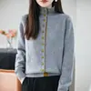 Cárdigan de punto de moda para mujer con bloques de color, cuello alto, múltiples botones, cuello semi-alto, corte holgado y mangas largas, perfecto para otoño e invierno.