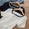Camiseta de Fibra de Madera Ecológica para Mujer, Cuello Cuadrado Pequeño, Bloques de Color, Corte Ajustado, Manga Corta, Estilo Verano, Almacén Japonés al por Mayor Seda de Hielo