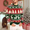 Suéter Sudadera Falso de Cuello Redondo con Estampado de Reno Fair Isle Rojo y Verde, Árbol de Navidad y Copo de Nieve, Festivo Europeo y Americano