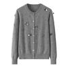 Cardigan Tricotado à Mão com Lantejoulas e Contas de Caxemira Pura Liso Calibre 12 Gola Redonda Botão de Concha Ombro Direito Suéter Casual Feminino