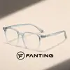 Montura cuadrada, esquinas redondeadas, lentes lisos, disponible en varios colores incluyendo negro brillante, gris translúcido, café degradado y azul degradado, con detalles de remaches plateados