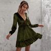 2026 Nuevo Stock Listo Transfronterizo Ropa para Mujer Ins Europea y Americana Verde Oscuro Cuello en V Profundo Mangas Abullonadas Terciopelo Vestido con Volantes
