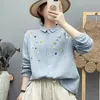 Camisa feminina bordada floral artística estilo floresta, novo modelo outono 2026, macia e amiga da pele, top de gaze de camada dupla 100% algodão