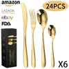 Conjunto de Talheres de Aço Inoxidável 304 Amazon Transfronteiriço - Faca, Garfo e Colher - Conjunto de 24 Peças para 6 Pessoas - Faca e Garfo de Aço Inoxidável para Steak Ocidental de Hotel