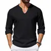 Amazon Transfronterizo Primavera Nuevo Producto Estilo Americano Holgado Lino Casual Holgado Hombres Diseño Cuello en V Talla Grande Manga Larga Camiseta