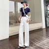 Calça de verão feminina fina nova em imitação de jeans Lyocell, cintura alta, com caimento solto, para baixinhas, de seda gelada, perna larga, com pelo de coelho