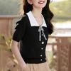 Foto real! Em estoque! Tem uma foto grande! Primavera e Verão 2025 Estilo Universitário Gola Boneca Feminino Cor Contrastante Estilo Chanel Cadarço Top