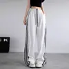 Pantalones Deportivos Rayados con Ribete de Encaje para Mujer, Novedad Primavera y Verano, Cintura Alta, Casual, Caídos, Sueltos, Pierna Ancha, Secado Rápido, Pantalones de Seda Helada