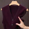 Colete de lã com bolsos duplos, cardigã de malha com padrão de losangos, colete masculino de cor sólida para outono e inverno com decote V, agasalho masculino para meia-idade