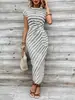 Vestido largo a rayas con cuello redondo y manga corta, elegante, con cinturón a la cintura, transfronterizo, para mujer, verano 2026. Moda Femenina de Alta Gama