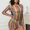 Lencería Sexy de una Pieza Estilo Europeo y Americano Colorido Vestido Body de Manga Larga Malla de Pescado Rayas Multicolor Transparente