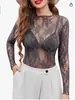 Moda Feminina Europeia e Americana 2026 Novo Sexy Pulôver Renda Manga Longa Camisa Transparente Malha Transparente Top de Renda