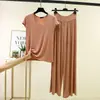 Conjunto de pijama de toque fresco para primavera e verão, camiseta redonda plus size e calça pantalona de duas peças, conjunto de casa feminino em modal adequado para sair