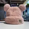 Gorro de Peluche de Oso Lindo para Mujer de Invierno Estilo Coreano Cálido Engrosado Gorro de Punto Forrado de Lana Protección para los Oídos Circunferencia de Cabeza Grande Gorro de Lana