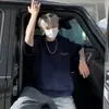 Camiseta de Manga Curta com Estampa de Letras Estilo Americano para Casal, Marca Tendência de Verão, Gola Redonda Oversized, Manga Três Quartos, Camiseta de Manga Meia-Manga Estilo Jovem