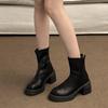 Botines de Tacón Alto Grueso Estilo Francés para Mujer Otoño e Invierno 2024 Nuevo Estilo Británico Punta Redonda Tacón Grueso Elásticos Delgados