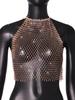 Ins2025 Popular en Europa y América Malla con Pedrería Sin Mangas Negro Ajustado Cuello Halter Espalda Descubierta Camiseta Sin Mangas para Mujer 20569