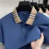 Camisa Polo de Lujo 100% Algodón Merceizado Cuello a Cuadros Bloque de Color Manga Corta para Hombre con Abalorios Hexagonales