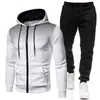 Nuevo conjunto deportivo con capucha de forro polar de color liso europeo y americano para otoño e invierno, sudadera y pantalón de chándal para hombre, casual, con puntos y cierre de cremallera