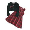 25 Conjunto de Duas Peças para Meninas Outono/Inverno: Cardigã Verde de Manga Longa e Vestido Colete Xadrez Vermelho Venda Quente Cruzada de Natal